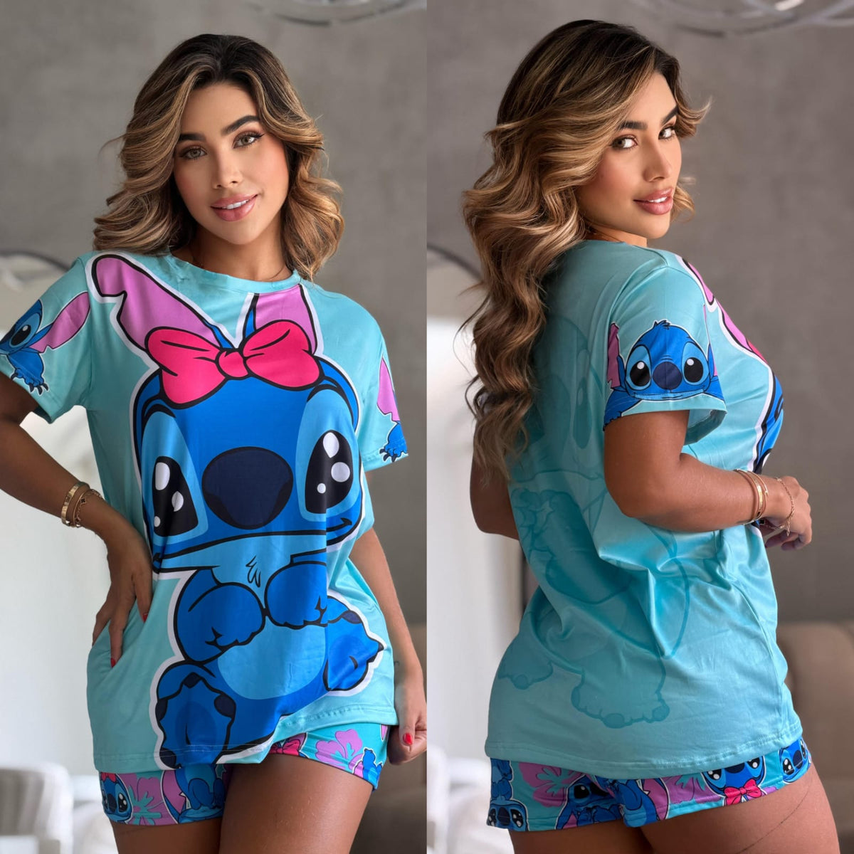 Conjunto Pijama Oversize Turquesa Lazo Rosa – Talla Única
