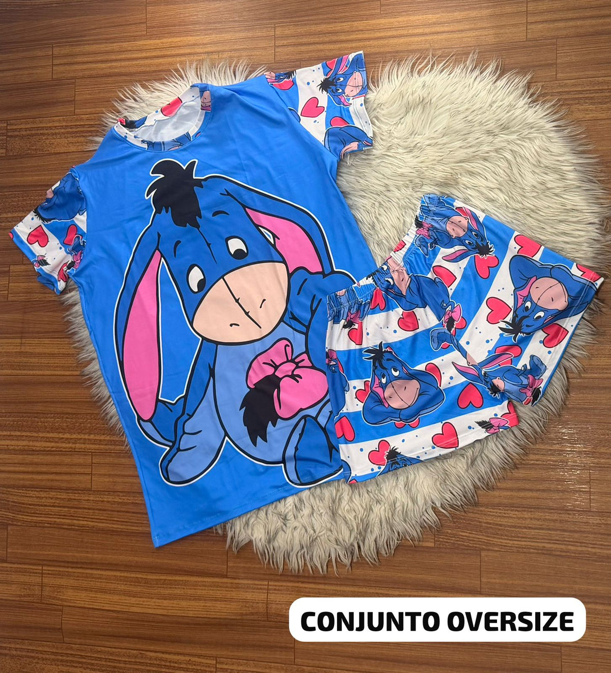 Conjunto Pijama Oversize Azul Corazones – Talla Única