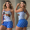 Pijama de Mujer 2 Piezas – Top de Tirantes y Short Azul Estampado